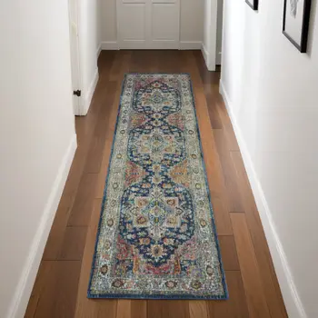 8' Ivory Blue and Orange Floral Distressed Non Skid Runner Rug