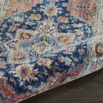 8' Ivory Blue and Orange Floral Distressed Non Skid Runner Rug