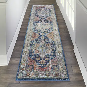 8' Ivory Blue and Orange Floral Distressed Non Skid Runner Rug