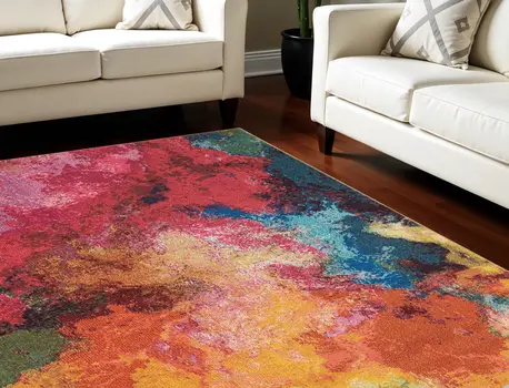 8' X 11' Navy Blue Red and Orange Abstract Non Skid Area Rug