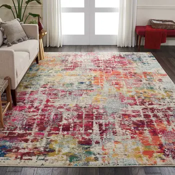 8' X 11' Ivory Pink and Orange Abstract Distressed Non Skid Area Rug