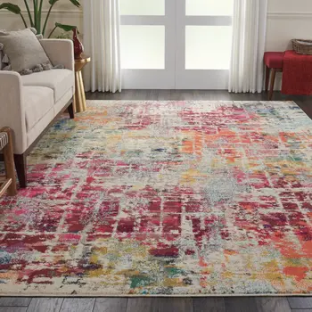 8' X 11' Ivory Pink and Orange Abstract Distressed Non Skid Area Rug