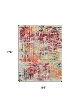 8' X 11' Ivory Pink and Orange Abstract Distressed Non Skid Area Rug