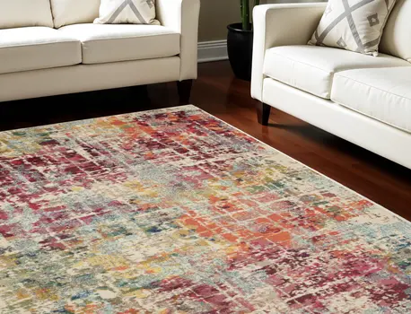 8' X 11' Ivory Pink and Orange Abstract Distressed Non Skid Area Rug