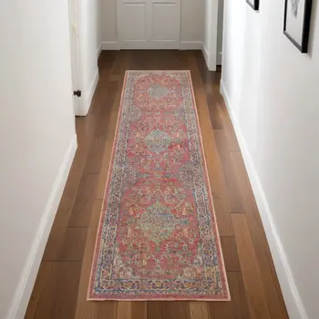8' Blue and Red Floral Medallion Distressed Non Skid Runner Rug