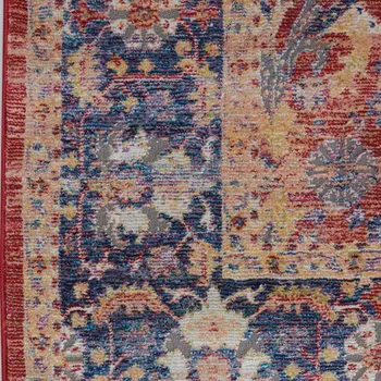 8' Blue and Red Floral Medallion Distressed Non Skid Runner Rug