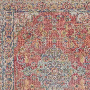 8' Blue and Red Floral Medallion Distressed Non Skid Runner Rug