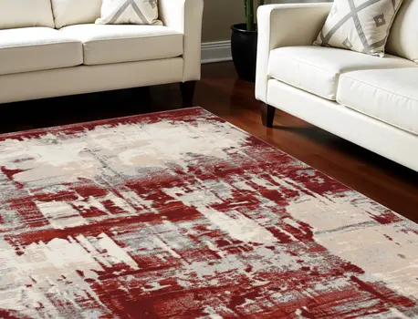 8' X 11' Ivory Red and Gray Abstract Non Skid Area Rug