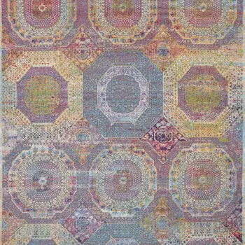 5' X 8' Blue Red and Orange Geometric Distressed Non Skid Area Rug