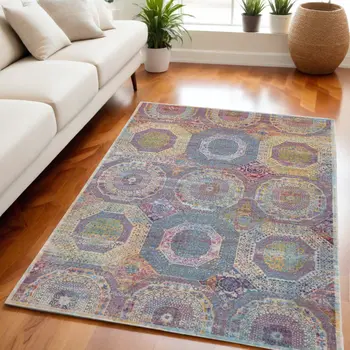 5' X 8' Blue Red and Orange Geometric Distressed Non Skid Area Rug