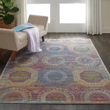 5' X 8' Blue Red and Orange Geometric Distressed Non Skid Area Rug