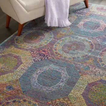 5' X 8' Blue Red and Orange Geometric Distressed Non Skid Area Rug