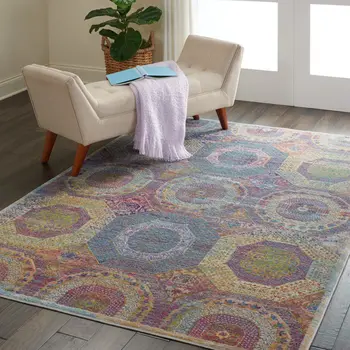 5' X 8' Blue Red and Orange Geometric Distressed Non Skid Area Rug