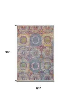 5' X 8' Blue Red and Orange Geometric Distressed Non Skid Area Rug