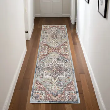 8' Blue and Red Floral Distressed Runner Rug