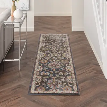8' Charcoal Brown and Yellow Floral Distressed Runner Rug