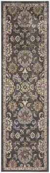 8' Charcoal Brown and Yellow Floral Distressed Runner Rug