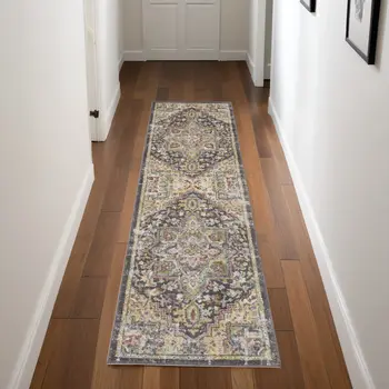 8' Charcoal Brown and Yellow Floral Distressed Runner Rug