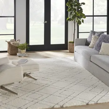 7' X 9' Ivory and Gray Geometric Shag Area Rug