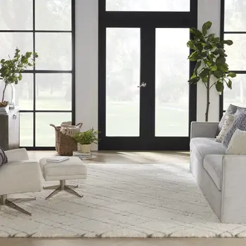 7' X 9' Ivory and Gray Geometric Shag Area Rug