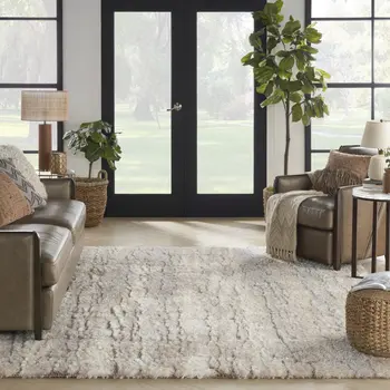7' X 9' Beige Ivory and Gray Abstract Shag Area Rug