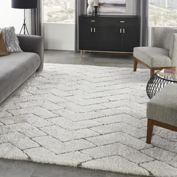 8' X 10' Ivory and Gray Chevron Shag Area Rug