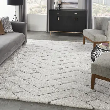 8' X 10' Ivory and Gray Chevron Shag Area Rug