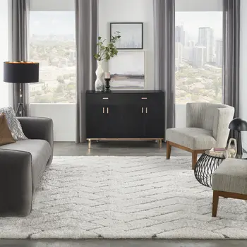 8' X 10' Ivory and Gray Chevron Shag Area Rug