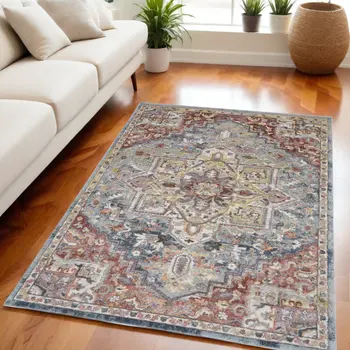 5' X 7' Blue and Red Floral Distressed Area Rug
