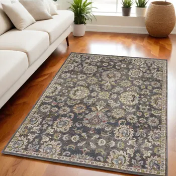 5' X 7' Charcoal Brown and Yellow Floral Distressed Area Rug