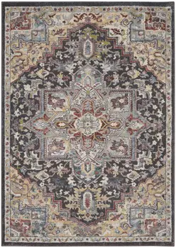 5' X 7' Charcoal Brown and Yellow Floral Medallion Distressed Area Rug