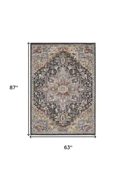 5' X 7' Charcoal Brown and Yellow Floral Medallion Distressed Area Rug