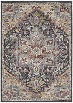 5' X 7' Charcoal Brown and Yellow Floral Medallion Distressed Area Rug