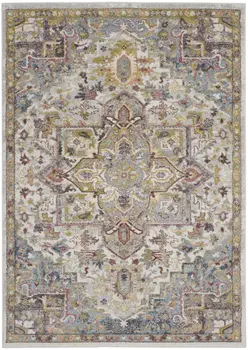 5' X 7' Ivory Green and Gray Floral Medallion Area Rug