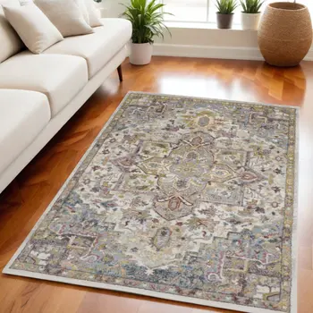5' X 7' Ivory Green and Gray Floral Medallion Area Rug