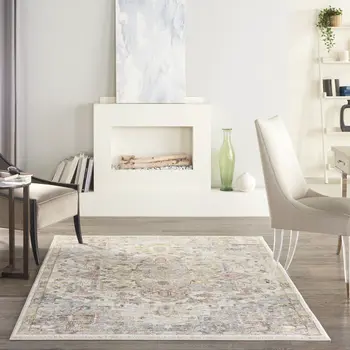 5' X 7' Ivory Green and Gray Floral Medallion Area Rug
