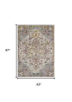 5' X 7' Ivory Green and Gray Floral Medallion Area Rug