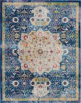 8' X 10' Ivory Blue and Green Floral Medallion Distressed Non Skid Area Rug