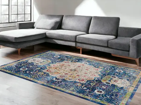 8' X 10' Ivory Blue and Green Floral Medallion Distressed Non Skid Area Rug