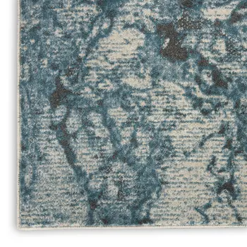 10' Ivory Teal Blue and Black Abstract Non Skid Runner Rug