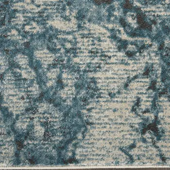 10' Ivory Teal Blue and Black Abstract Non Skid Runner Rug
