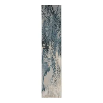 12' Ivory Teal Blue and Black Abstract Non Skid Runner Rug