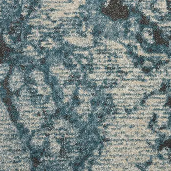 12' Ivory Teal Blue and Black Abstract Non Skid Runner Rug