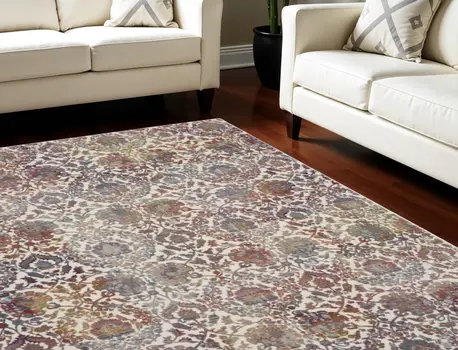 8' X 10' White and Golden Brown Floral Distressed Non Skid Area Rug