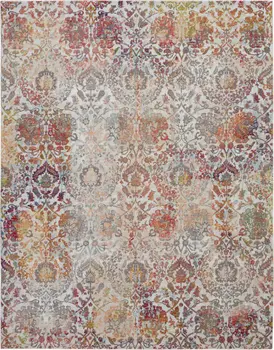 8' X 10' Ivory Gray and Orange Floral Distressed Non Skid Area Rug