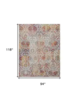8' X 10' Ivory Gray and Orange Floral Distressed Non Skid Area Rug