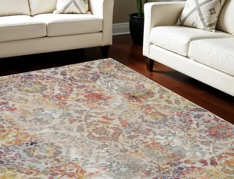 8' X 10' Ivory Gray and Orange Floral Distressed Non Skid Area Rug