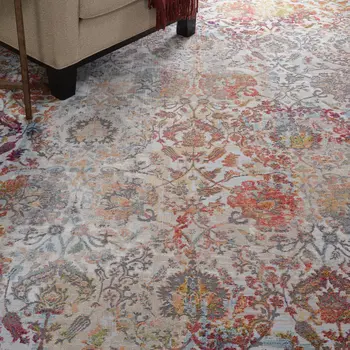8' X 10' Ivory Gray and Orange Floral Distressed Non Skid Area Rug