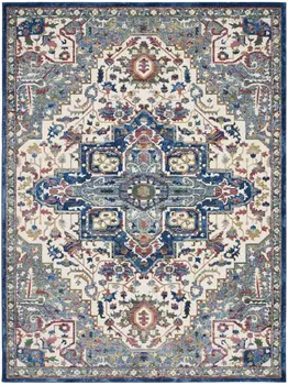 8' X 10' Navy Blue and Ivory Floral Medallion Distressed Non Skid Area Rug