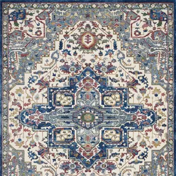 8' X 10' Navy Blue and Ivory Floral Medallion Distressed Non Skid Area Rug